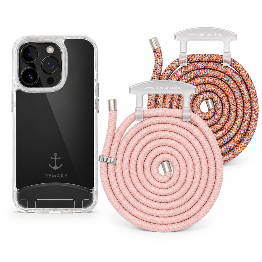 Handyhülle mit 2 Wechselkordeln – Transparent, Rosa & Bunt | DEMARE